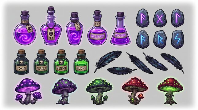 Assorted magical potions and enchanted mushrooms