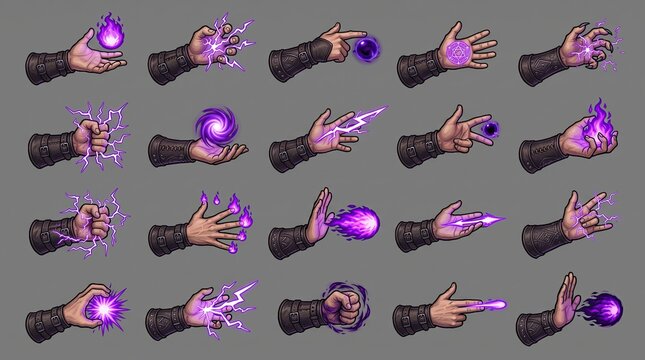 Various hand gestures with glowing magical effects
