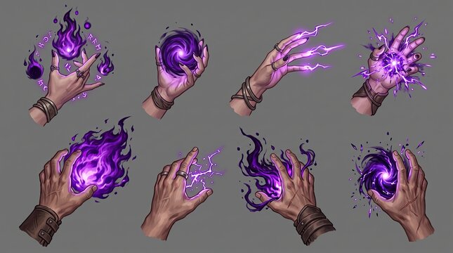 Human hands conjuring purple magical energy