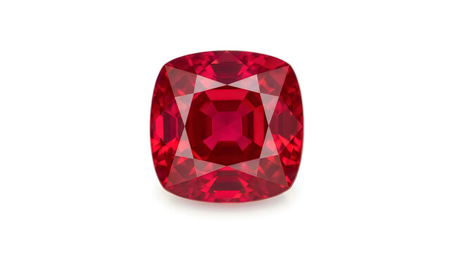 Cushion cut red ruby gemstone isolated on white background