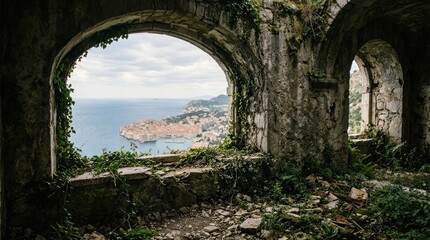 Fototapeta premium Ancient Stone Arches Overlooking a Coastal City Landscape.