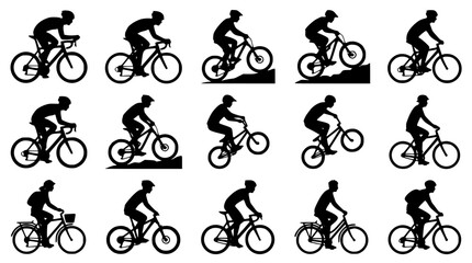 Fototapeta premium Cycling and bicycle rider silhouette icon set featuring mountain biking road racing urban commuting extreme stunts uphill trails and cyclist activity vectors