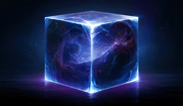 Electric blue glowing energy cube on dark floor.