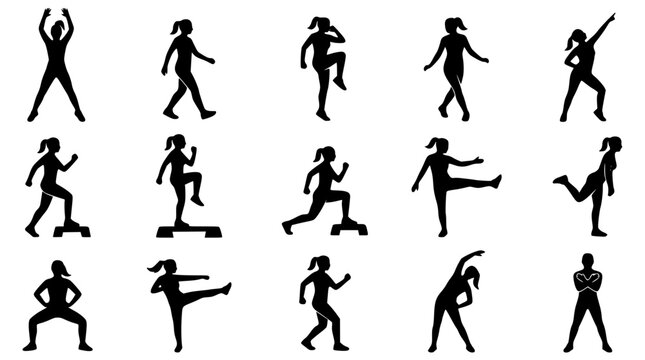 Women fitness and aerobics silhouette icon set featuring female athletes doing jumping jacks step aerobics stretching lunges cardio workouts and dancing vectors