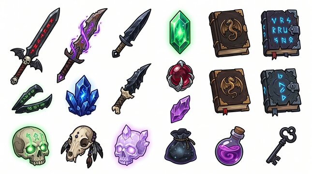 Fantasy weapons and magical artifacts on display