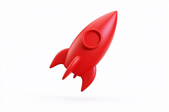 Minimalist 3D glossy red rocket icon on white background