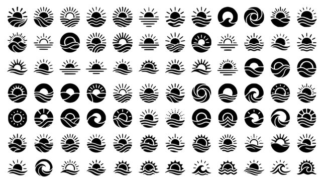 Mega collection of sun and ocean wave icons featuring circular sunset logos beach sunrise emblems tropical sea waves and summer resort branding vectors