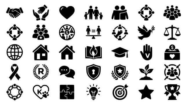 Nonprofit organization line icons set for corporate social responsibility programs containing charity donation unity shield scale of justice human care heart hand icons vector graphics