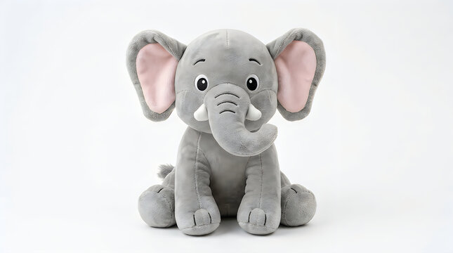 Cute plush elephant toy sitting on a white background