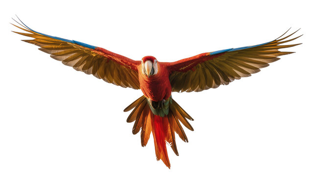 Vibrant red and green macaw parrot with outstretched wings, isolated on transparent background