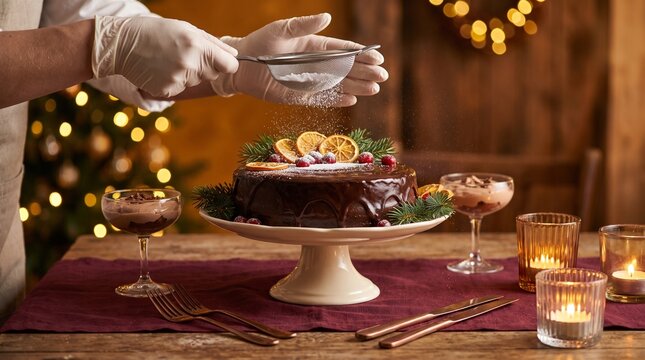 Baker dusting powdered sugar over festive chocolate cake with dried oranges with orange slices cranberries chocolate glazed holiday wearing gloves dusting