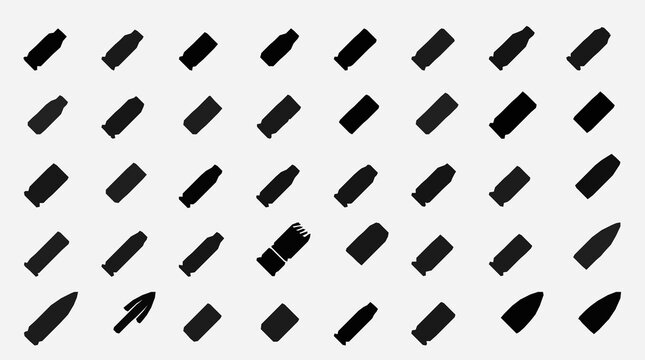 Ammunition and Bullet Types Icon Grid Pattern Featuring Rifle Cartridges Calibers Shell Casings and Ballistics Solid Black Silhouette Vectors for Gun Range Designs