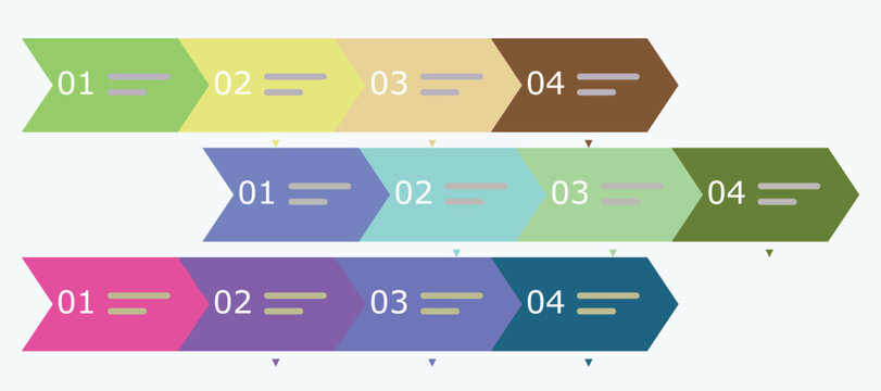 Three offset chevron process arrow rows infographic template featuring colorful numbered step blocks isolated on light background banner layout design vector