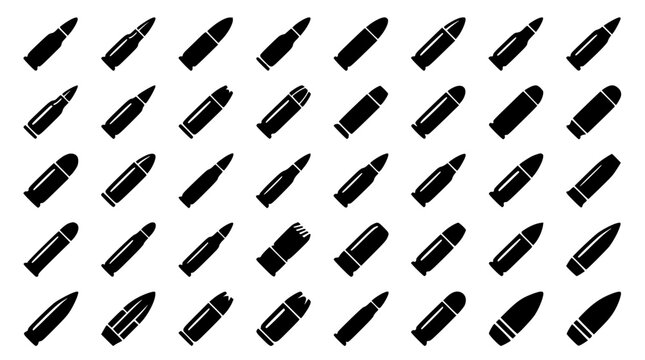 Ammunition and Bullet Types Icon Set Arranged in Diagonal Rows Featuring Rifle Cartridges Calibers Shell Casings and Ballistics Vectors for Gun Range Graphic Designs