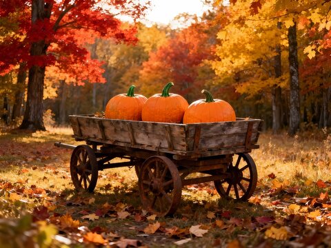 Autumn's rustic charm Three orange pumpkins sit in a vintage wooden cart amidst vibrant fall foliage. A serene harvest scene in a colorful forest