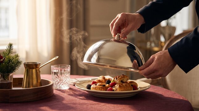 Elegant hotel waiter lifting silver cloche revealing freshly baked hot pastries with berries breakfast with displays person lifting steaming fresh pastries