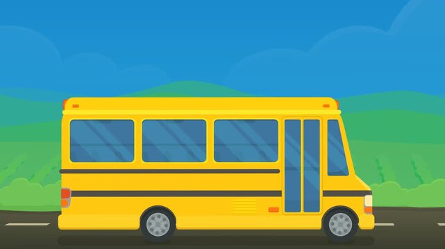 Animated yellow school bus driving on road representing student transportation, back to school journey, and public transit. (loopable)