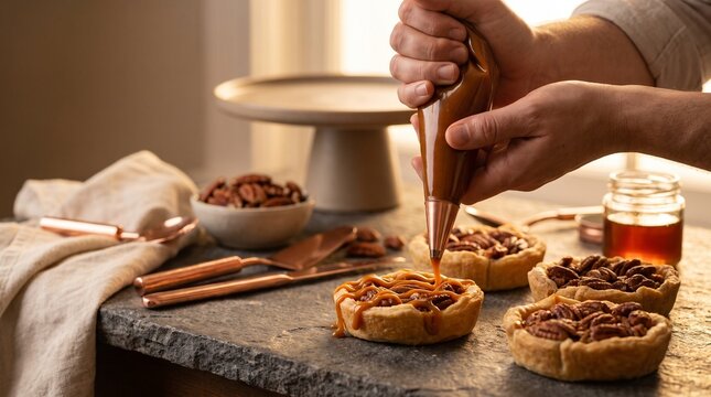Professional baker piping golden caramel sauce over freshly baked miniature pecan nut tarts with rustic stone countertop sauce onto individual