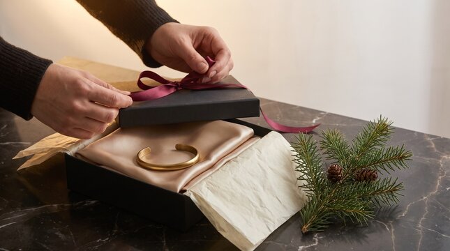 Person unboxing elegant gold bracelet gift wrapped in silk within black decorative presentation box