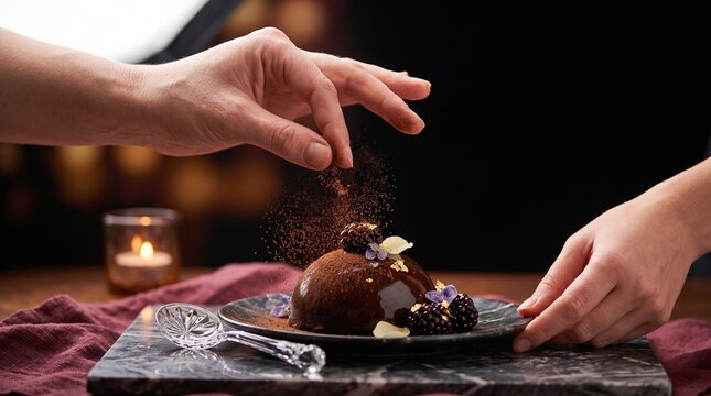 Gourmet chocolate dome dessert garnished with cocoa powder and fresh blackberries on marble plate with elegant table setting dessert being dusted