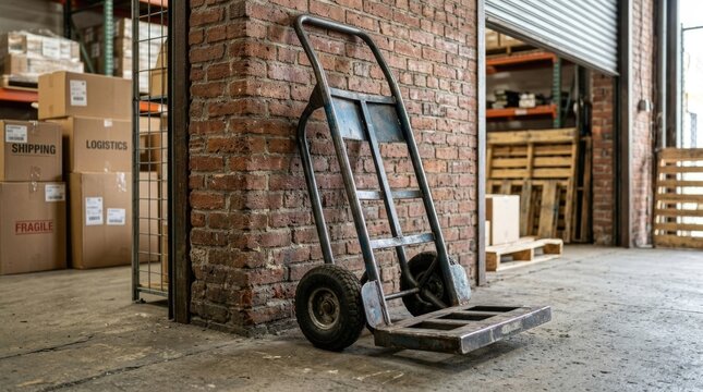 Vintage Metal Hand Truck Standing in Industrial Warehouse Storage Facility