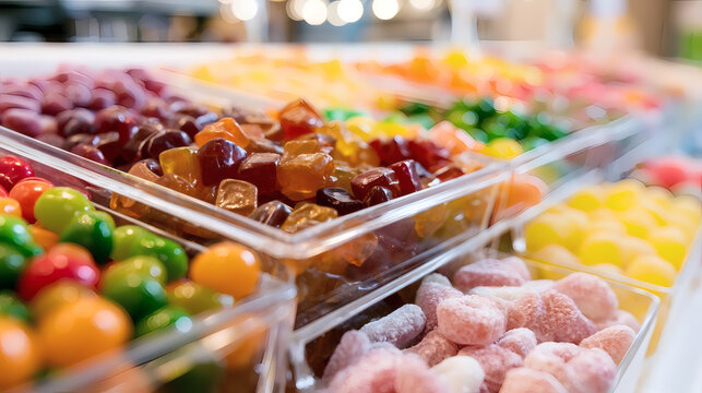 Colorful assortment of gummy candies and jelly sweets in transparent containers at a candy store. Bright and vibrant close-up. Perfect for sweet, sugar, and food backgrounds.