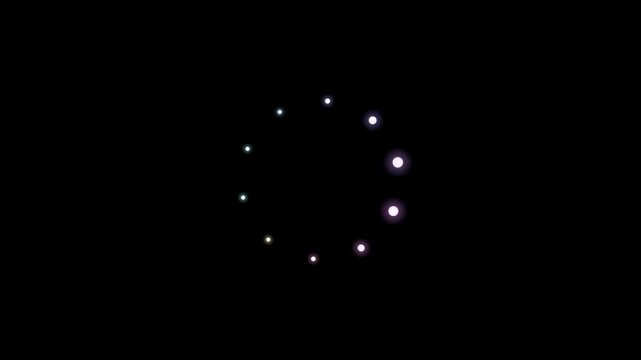 Abstract animated loading indicator with dots drawn as cool blue-white glowing lines and dots on a deep dark background. Clean minimal motion graphics element with free space around it, ideal for titl