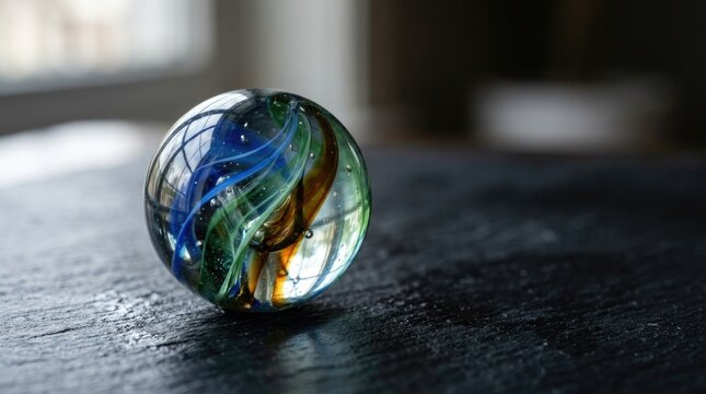 Single Glass Marble with Colorful Swirls on Dark Surface Macro Close Up