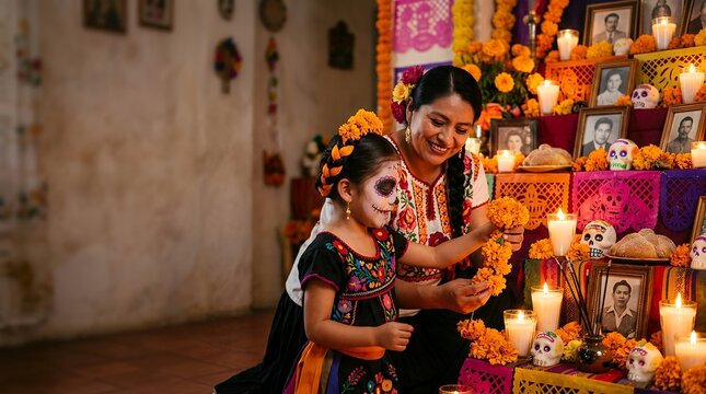 Mother and daughter decorating Day of the Dead ofrenda with marigolds. Family bonding during Mexican tradition altar setup for loved ones.