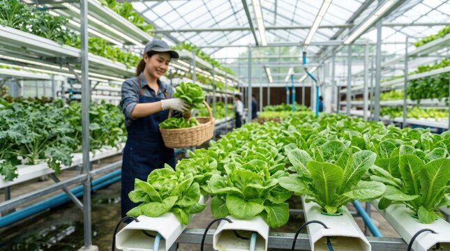 Female Farmer Harvesting Fresh Lettuce in Modern Hydroponic Greenhouse