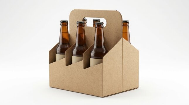 Six Pack Beer Bottles in Blank Cardboard Carrier Isolated on White Background