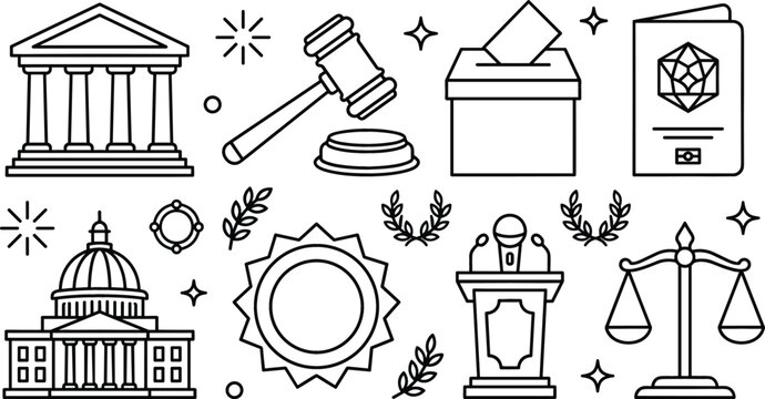 Law and government policy line icon set featuring courthouse gavel ballot box passport captiol podium and scales