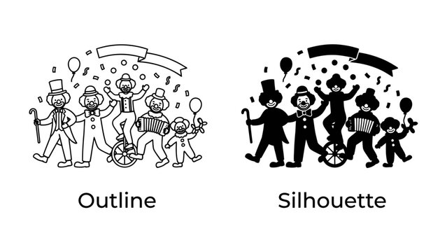 Circus Performers: A group of circus performers, depicted in both outline and silhouette, are shown celebrating with balloons and confetti.