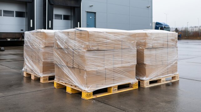 The Pallets of Wrapped Boxes in an Outdoor Warehouse Loading Yard