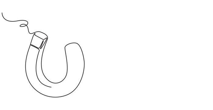Animated self drawing of continuous line draw of magnet, Full length one line animation, one line drawing of magnet, vector illustration. Client and talent attraction concept in simple linear style.4k