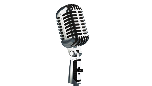 Retro chrome microphone with black grille and switch, isolated on transparent background