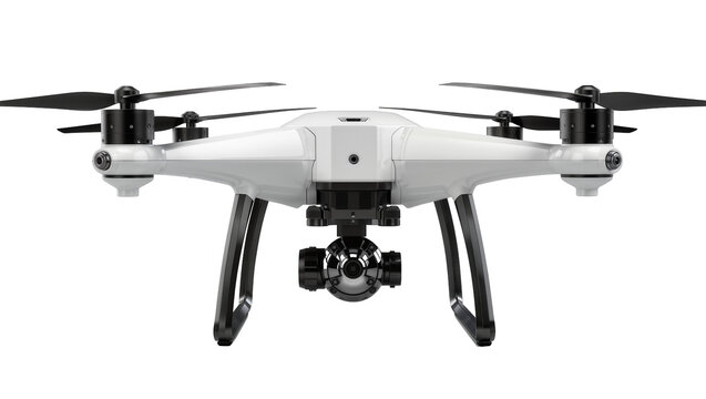 Modern white quadcopter drone with gimbal camera, isolated on transparent background