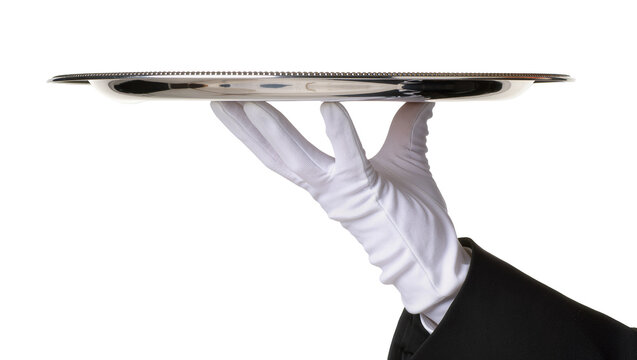 White gloved hand holding a polished silver serving tray, isolated on transparent background