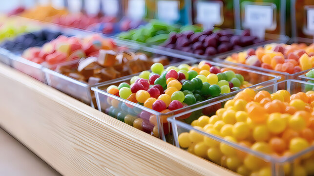 Colorful assorted candies in clear containers at a candy shop. Various sweets in bulk, inviting and delicious, perfect for backgrounds, banners, or advertisements.
