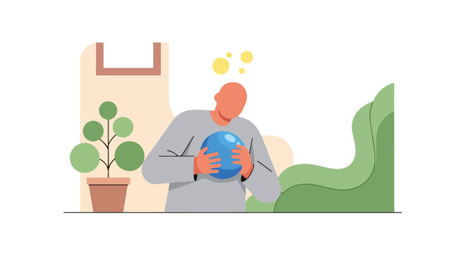 A minimalist vector illustration depicts a bald person in a grey sweater holding a blue orb while yellow bubbles float above their head.