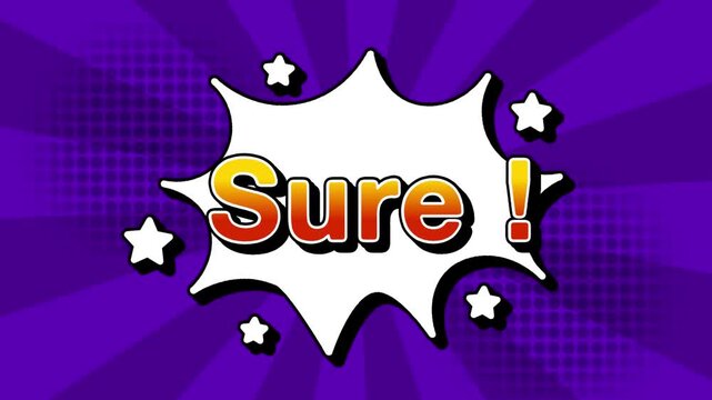 Sure text word lettering popup comic cartoon reveal with bomb and smoke explosion manga anime book page dots with radial speed lines doodle violet background with seamless loop animation retro