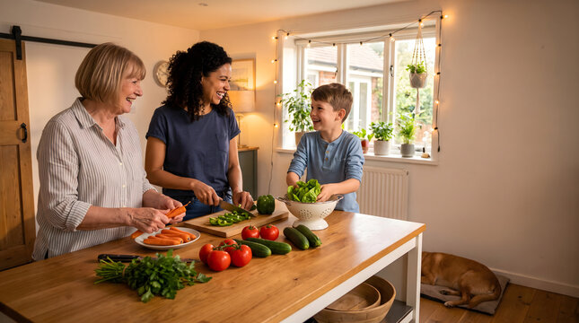 Multigenerational Family Cooking Healthy Dinner Together