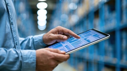 Worker hands interacting with a tablet displaying digital inventory charts in a blue-toned warehouse environment © andyaziz6