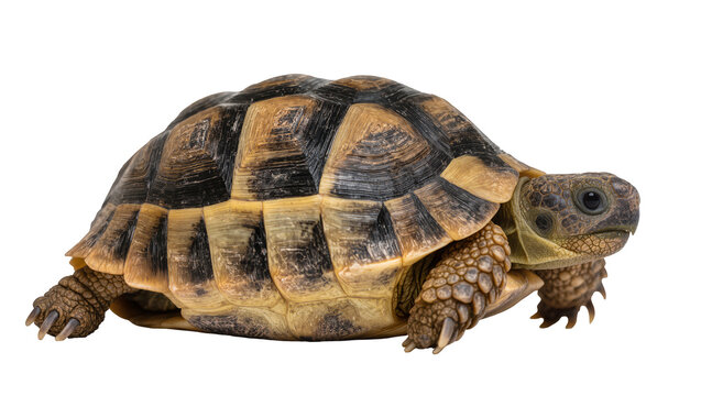 Detailed tortoise with patterned shell, isolated on transparent background