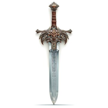 Intricately designed fantasy sword with a detailed hilt and patterned blade on a white background