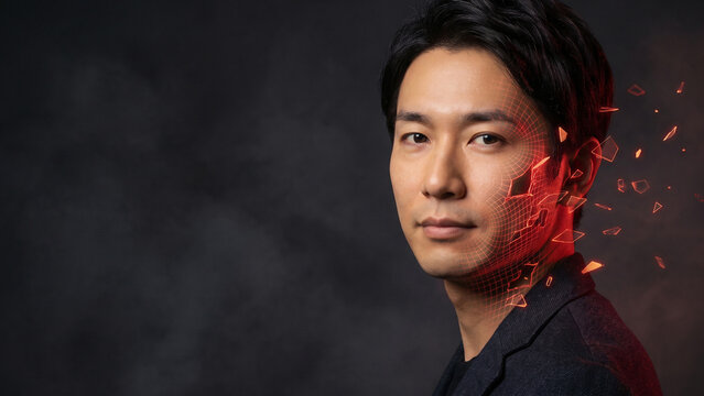 顔の半分が赤い網目模様に覆われ破片となって飛び散る男性の斜め向きの肖像