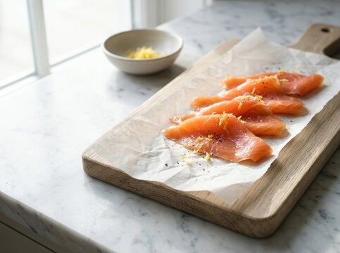 Gourmet Salmon Slices with Lemon Zest on Oak Board, Bright Kitchen Lifestyle