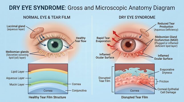 Medical illustration comparing a healthy eye and tear film structure with dry eye syndrome, highlighting meibomian gland dysfunction, inflamed ocular surfaces, and corneal epithelial cell damage.