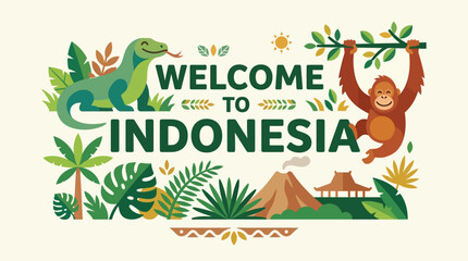 Fototapeta premium An inviting flat design vector illustration displaying 'WELCOME TO INDONESIA' typography, integrating abstract elements of a Komodo dragon, an orangutan, and tropical leaves, rendered in a warm.