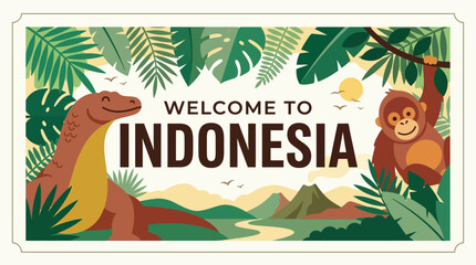 Naklejka premium An inviting flat design vector illustration displaying 'WELCOME TO INDONESIA' typography, integrating abstract elements of a Komodo dragon, an orangutan, and tropical leaves, rendered in a warm.